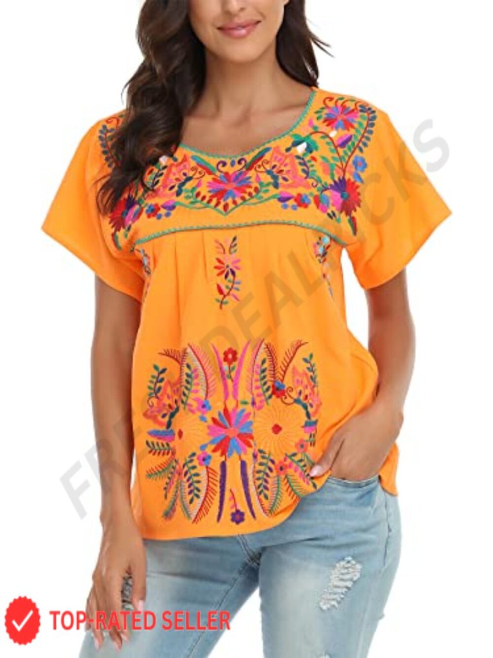 Womens Embroidered Mexican Peasant Blouse Cotton Boho Tunic V-Neck Sleeveless